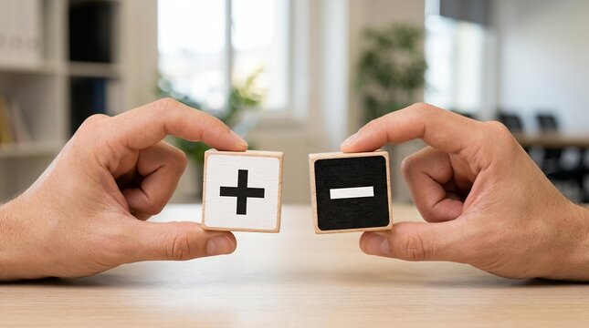 Hands holding wooden blocks with plus and minus symbols
