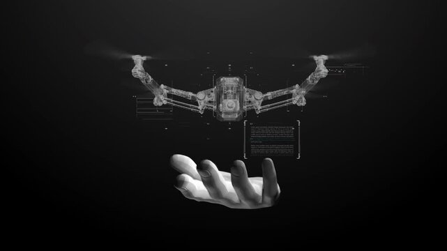 HUD animation video footage featuring a holographic 3D scan image hovering above a palm, conveying a futuristic, high-tech feel associated with data transmission.