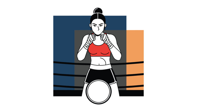Determined female boxer standing in a ring wearing red sports gear and hand wraps ready for a professional competition or training session.
