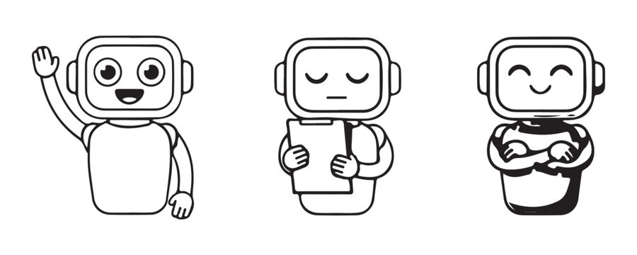 Cute cartoon robot collection with friendly expressions isolated on transparent background images.