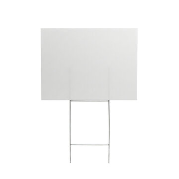 Blank rectangular yard sign with metal wire stand, displaying clean white surface on transparent background