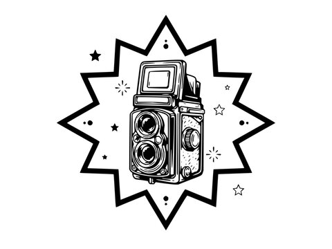 Vintage twin lens reflex camera line art illustration set inside a jagged starburst frame