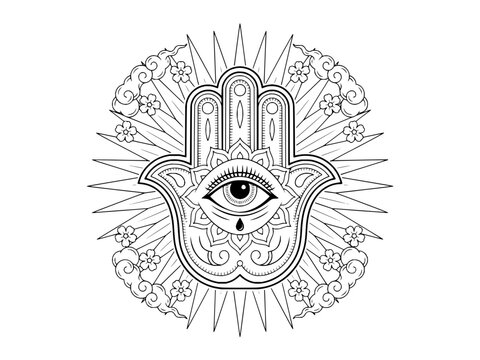 Intricate line art illustration of a Hamsa hand with a central eye mandala patterns flowers and clouds