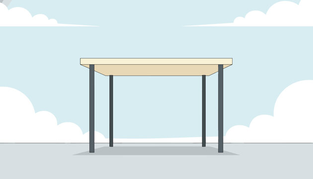 Simple wooden table standing alone on a grey surface under a blue sky with white clouds in a minimalist outdoor landscape illustration.