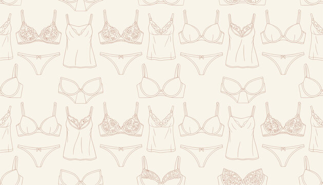 Elegant seamless pattern featuring various hand-drawn styles of women's lingerie including bras and matching underwear on a cream background.