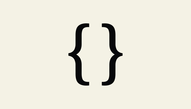 Large black curly brackets icon isolated on a neutral off-white background used in coding, mathematics, and creative graphic design layouts.