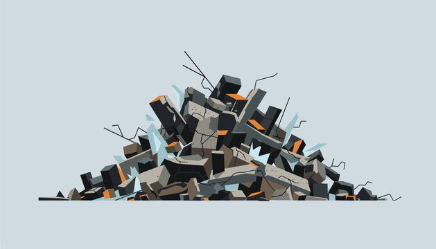 Large pile of grey concrete rubble and construction debris represents destruction, urban decay, or a site after a natural disaster.