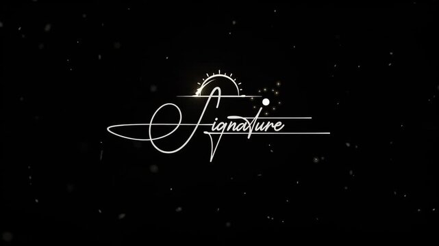 Elegant signature photography logo animation on black background, luxury cursive script reveal with glowing particles, sophisticated white calligraphy motion graphics