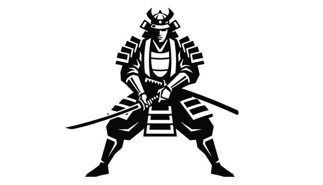 Powerful black and white illustration of a Japanese samurai warrior in traditional armor holding a sharp katana sword in combat stance.
