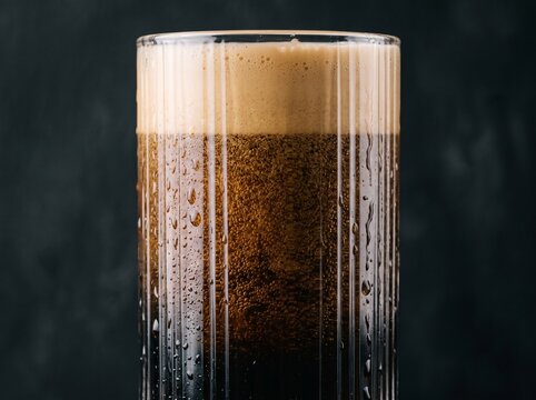 Layered nitro cold brew coffee cascading with thick creamy foam head in ribbed glass, generative AI