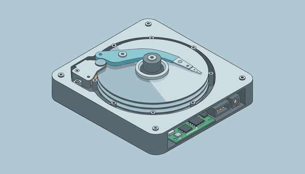 Isometric view of a computer hard disk drive interior showing the platter, read and write head, and circuit board components.