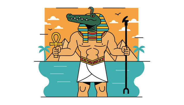 Illustration of the ancient Egyptian crocodile god Sobek standing before the pyramids with an ankh symbol and a staff in his hands.