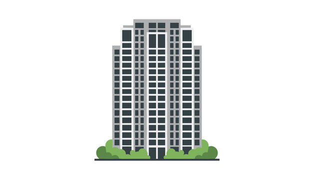 Tall modern skyscraper building with many glass windows and green landscaping at the base isolated on a clean white background.