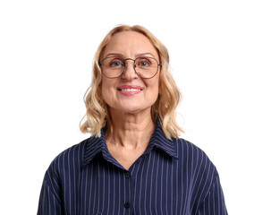 Fototapeta premium Portrait of happy mature woman with glasses on white background