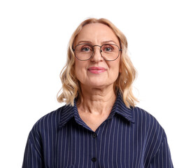 Fototapeta premium Portrait of happy mature woman with glasses on white background
