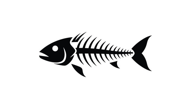 Black silhouette of a fish skeleton with its head and tail intact against a white background for fish bone art.