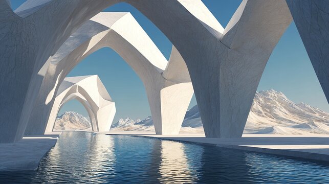 Futuristic white architecture over water. Futuristic geometric arch.