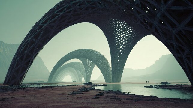 Futuristic white architecture over water. Futuristic geometric arch.