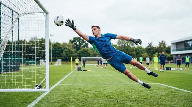 Goalkeeper diving horizontally to block a soccer ball during practice session on green training pitch.