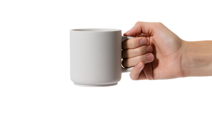 Isolated human hand holding a minimalist light gray ceramic coffee mug with a modern design.