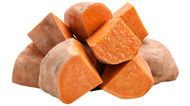 Isolated fresh raw sweet potatoes cut into various pieces, healthy vegetable ingredient.