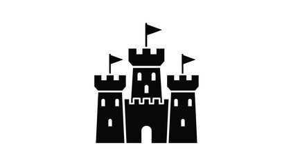 Obraz premium Black silhouette of a large medieval castle with three towers featuring flags and arched windows against a white background.