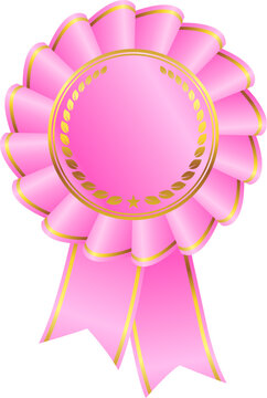 beautiful elegant pink ribbon award pennant icon element with gold accents and laurel isolated on transparent background vector