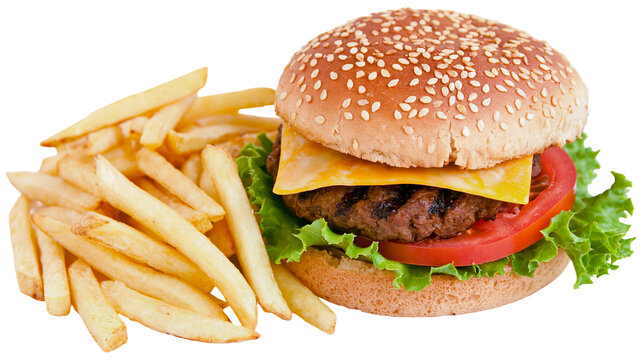 Isolated classic American cheeseburger with fries, delicious fast food meal, ready to eat.