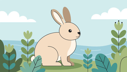 Fototapeta premium Cute brown rabbit sitting in a field of green bushes and flowers with a river and blue sky in the background scenery.