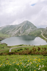 Obraz premium A view of a lake surrounded by mountains in Asturias, Spain. A winding road runs through a green valley. The sky is overcast, and the landscape features lush vegetation. Nature concept.