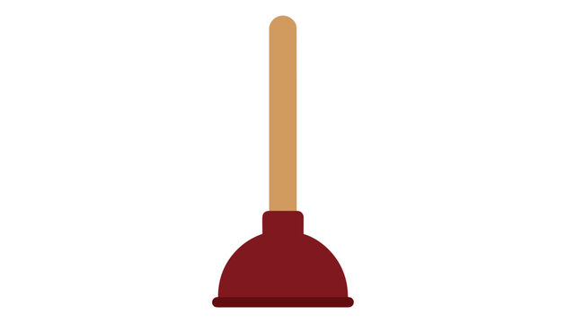 Toilet plunger with a dark red rubber cup and a wooden handle is shown in a simple vector illustration for household plumbing tasks.