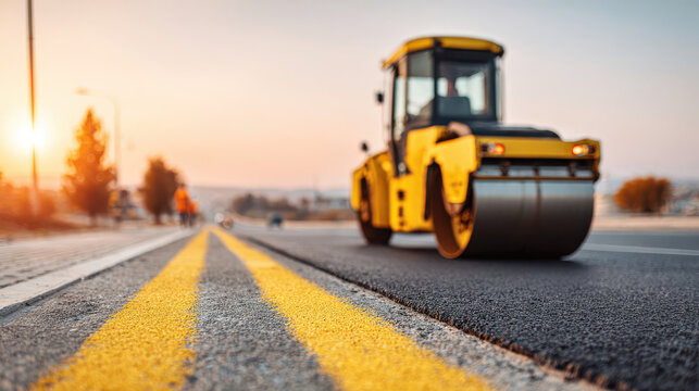 Newly painted double yellow lines lead past road roller on smooth asphalt under soft sunset light. Road construction equipment rests beside fresh surface, suggesting careful paving and precision.