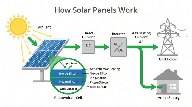 How solar panels work diagram with photovoltaic cell and inverter labelled