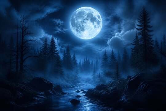 Full moon illuminating misty river flowing through forest