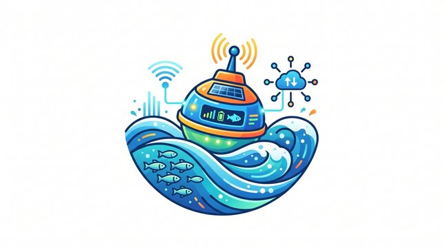 Smart ocean buoy floating on turbulent blue waves transmitting data via cloud connectivity and wireless signals.