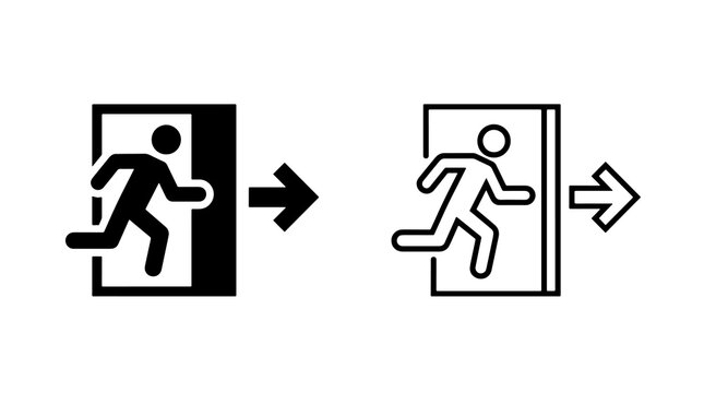Minimalist exit sign icons showing running human figure escaping through doorway
