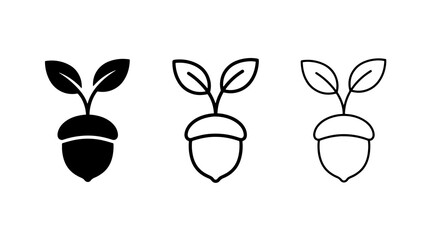 Minimalist acorn sprout icons featuring plant leaves in black outline style for design © PngBundle
