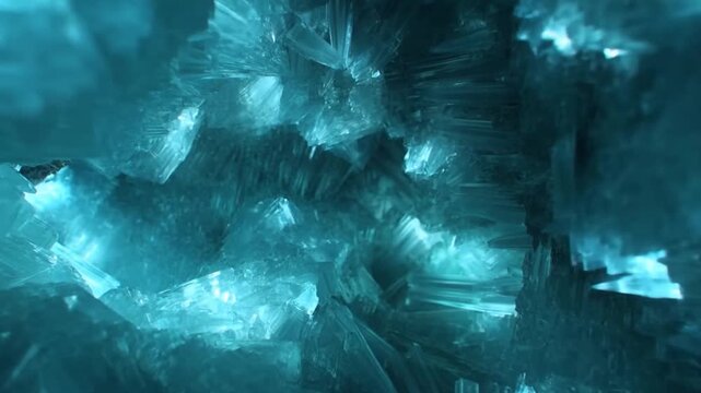 Blue ice crystal cave with jagged formations and frozen underground passage