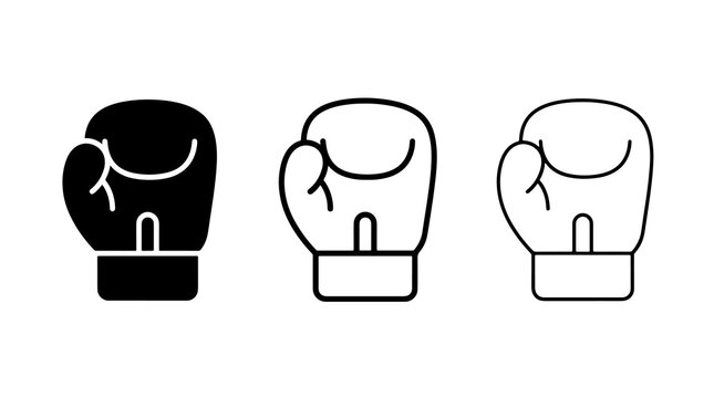 Minimalist boxing glove icon set featuring solid and outline vector styles for sports branding