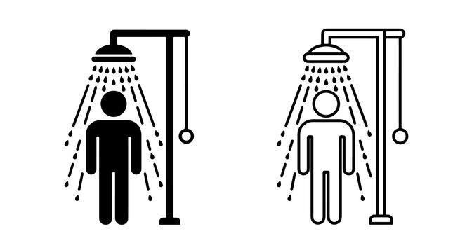 Minimalist shower icon vector set showing person washing with falling water drops