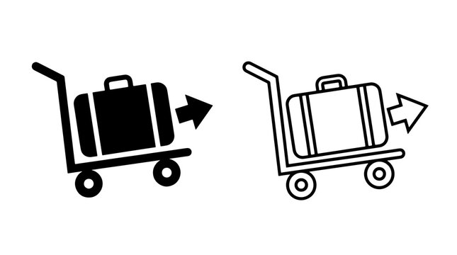 Minimalist luggage trolley icon set with baggage and directional arrow for travel design