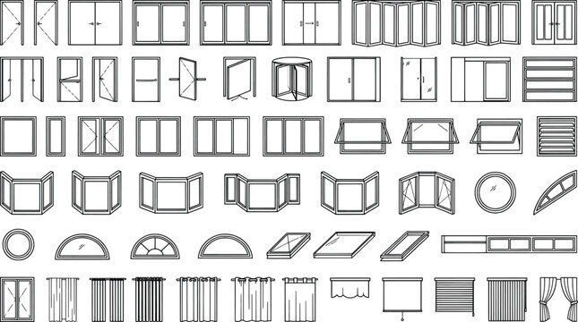 Set of architectural door and window symbols for interior design, top and front view, including various styles and curtains
