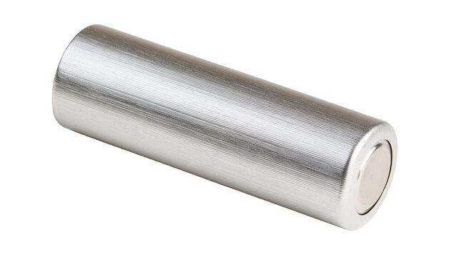 Isolated silver cylindrical magnet with brushed metal finish, a strong and powerful magnetic rod.