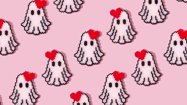 White ghost with red heart isolated on a pink background. Cute Happy Halloween video.
