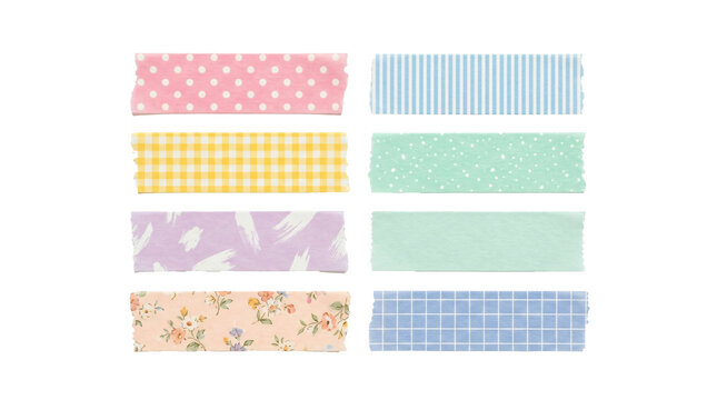 Decorative colorful washi tape strips featuring cute patterns and pastel textures arranged on transparent background