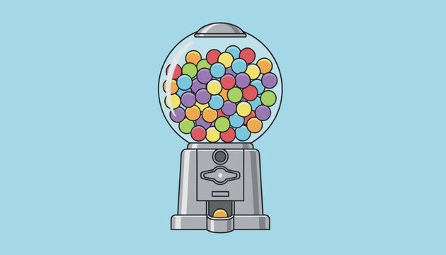 Classic gumball machine filled with colorful round candies or gum balls against a soft blue background for a nostalgic feel.