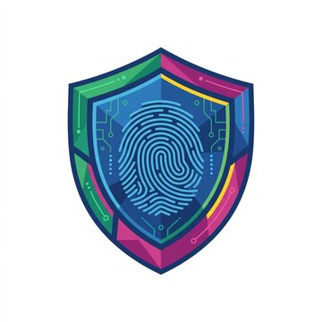 Shield protecting a digital fingerprint symbol inside a multi layered cyber security barrier illustration.