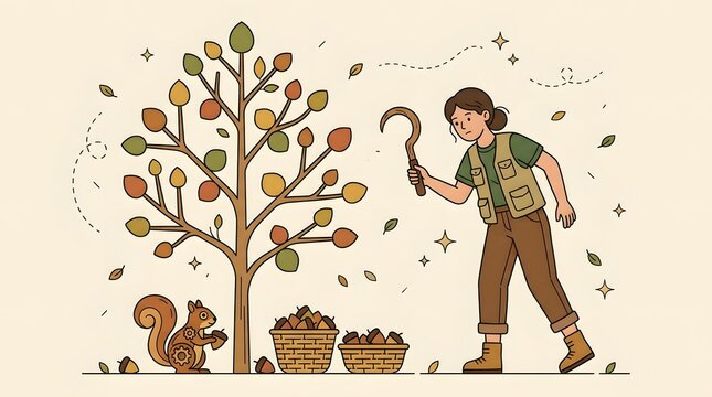 Young female forager harvesting autumn tree nuts with sickle near cute squirrel and baskets