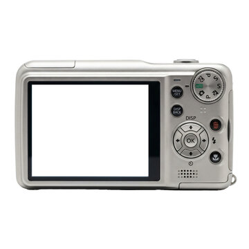 Silver digital compact camera featuring blank screen control buttons and modern sleek metallic finish on transparent background
