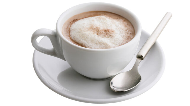 Isolated white coffee cup with a frothy cappuccino and a spoon on its matching saucer